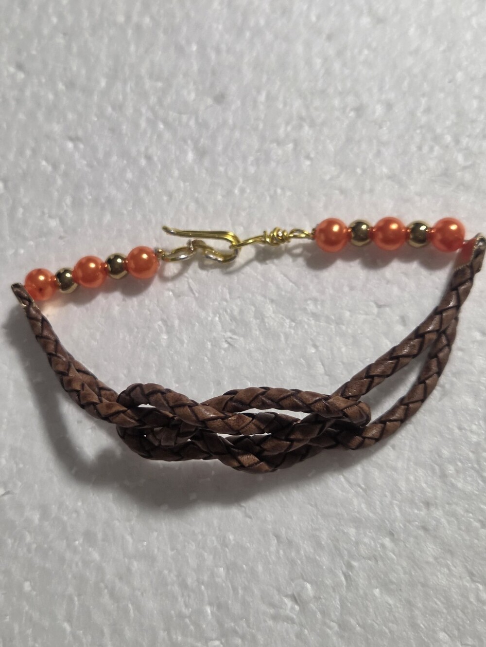 Handcrafted Orange Faux Pearl & Brown Braided Leather Bracelet